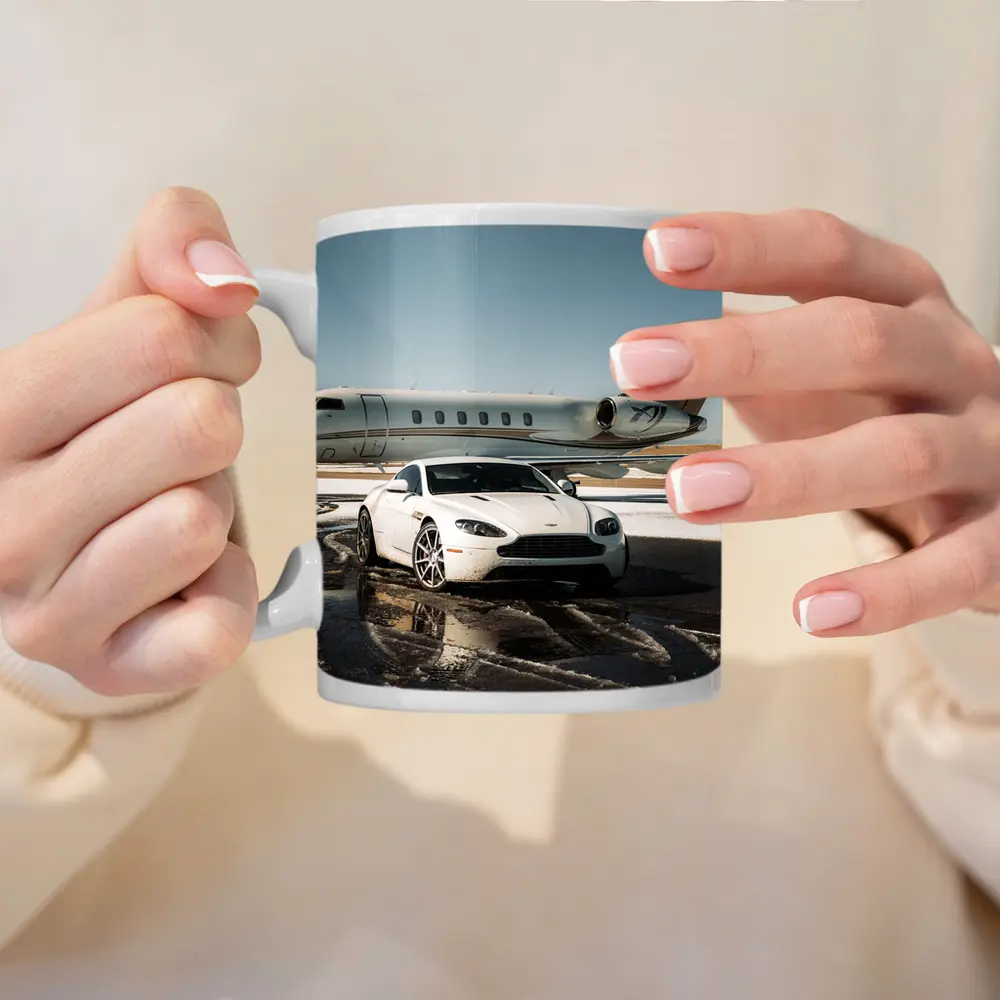 Aston Martin Vantage White Private Jet Tarmac – Mugs