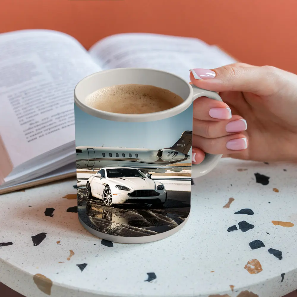 Aston Martin Vantage White Private Jet Tarmac – Mugs