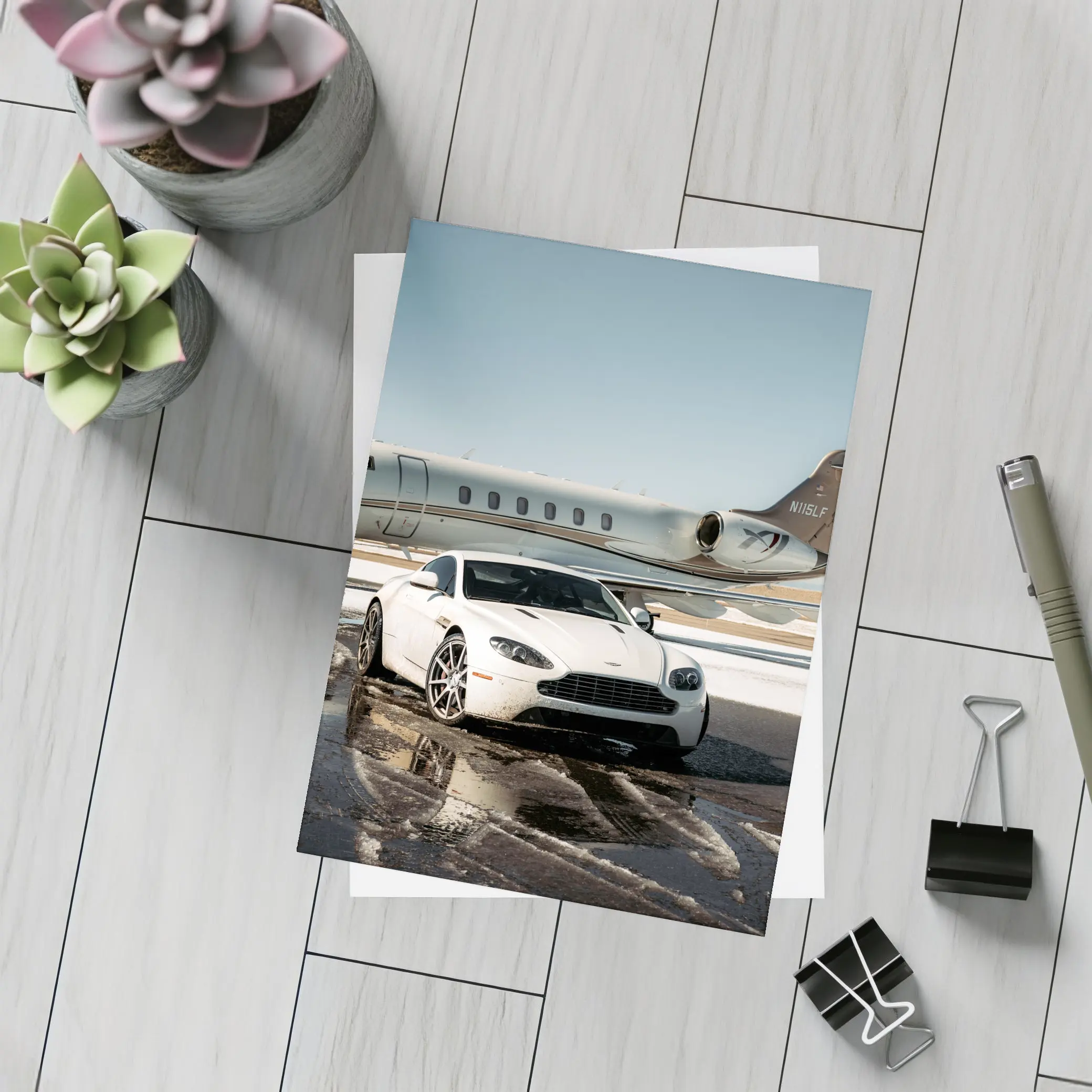 Aston Martin Vantage White Private Jet Tarmac – Postcards