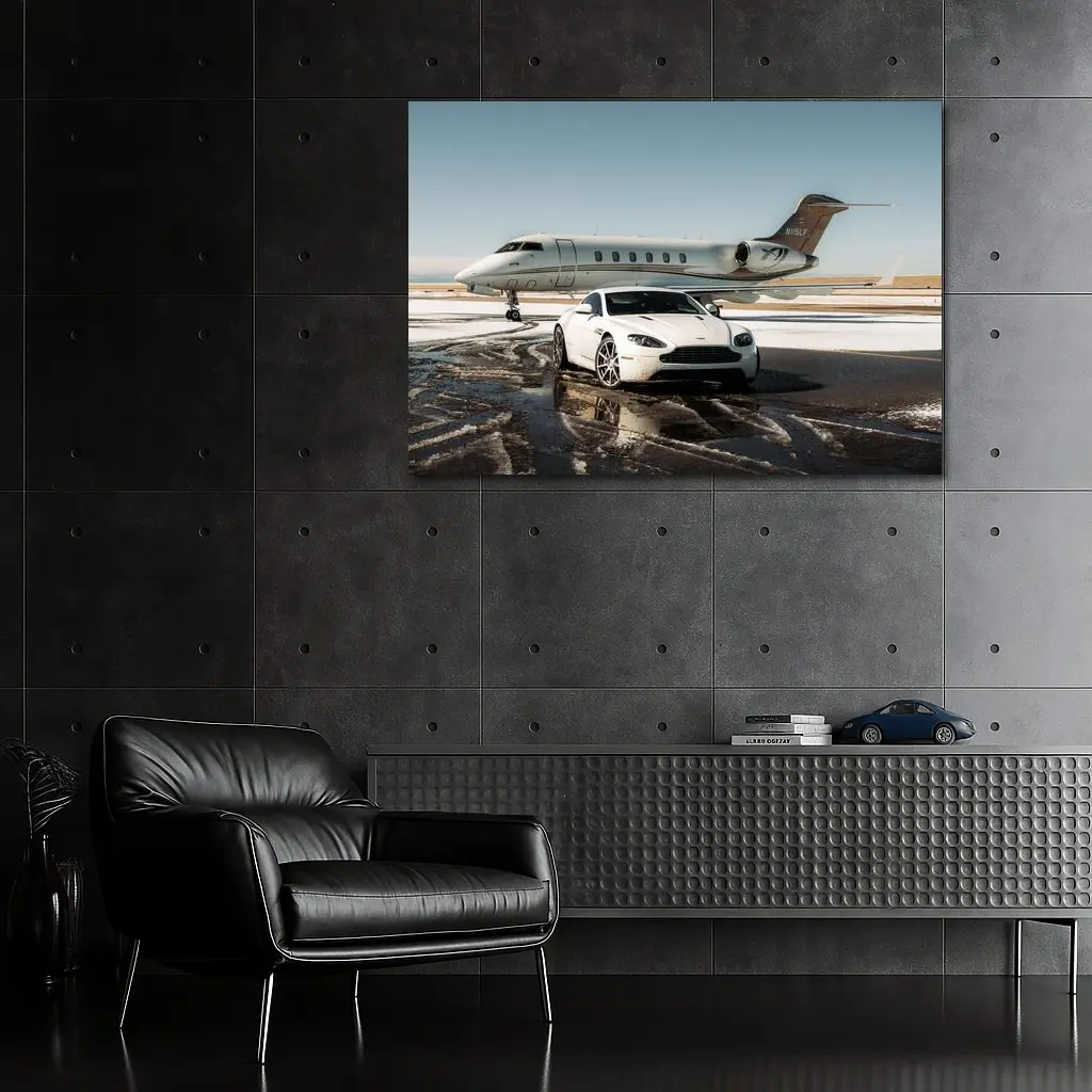 Aston Martin Vantage White Private Jet Tarmac – Wall Art