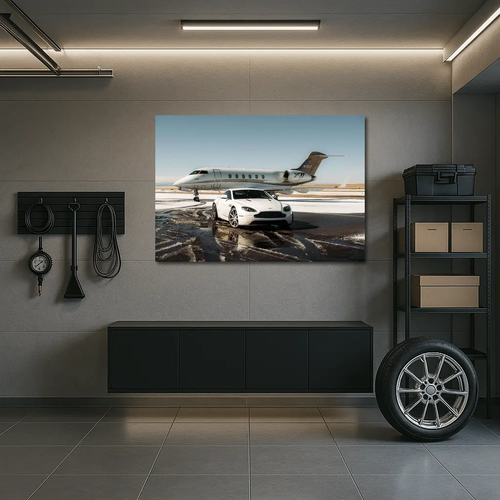 Aston Martin Vantage White Private Jet Tarmac – Wall Art