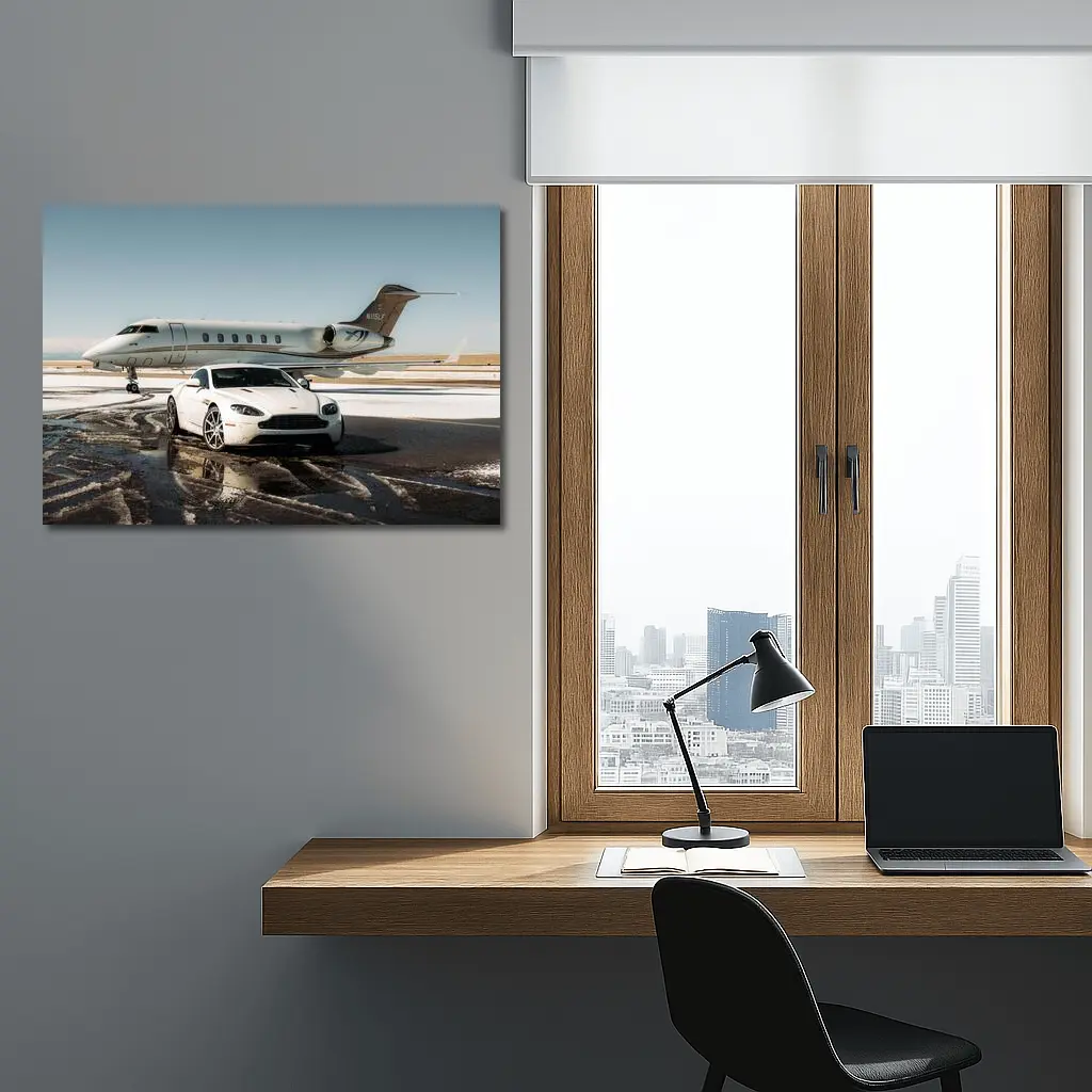 Aston Martin Vantage White Private Jet Tarmac – Wall Art