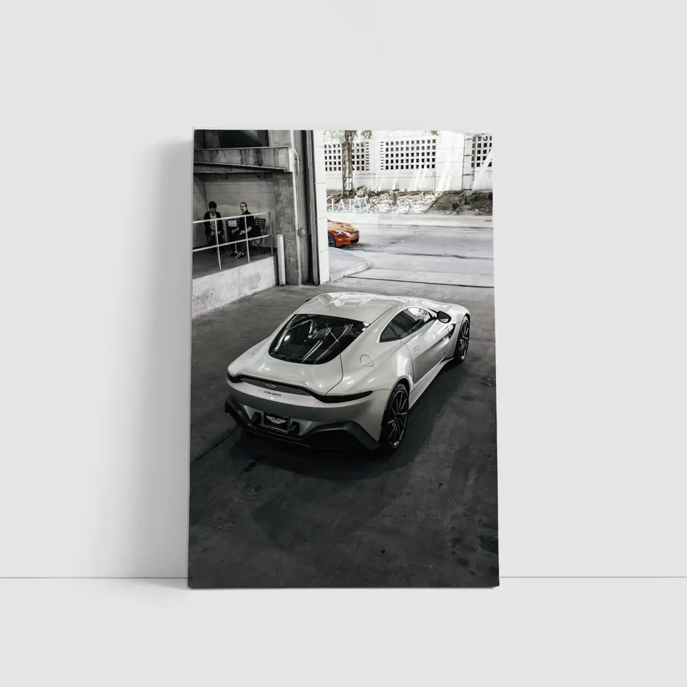 Aston Martin Vantage White Parked Urban Garage – Wall Art