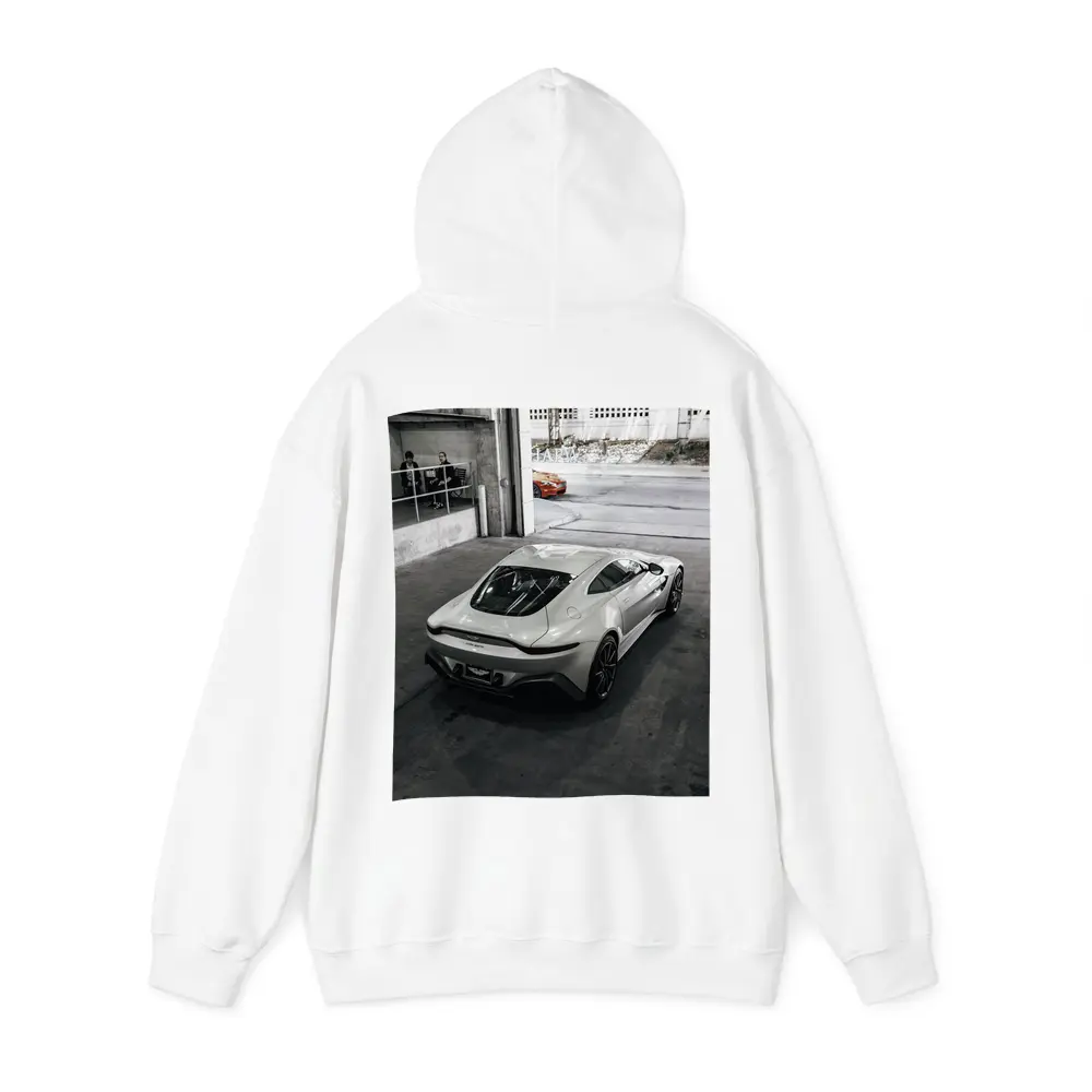 Aston Martin Vantage White Parked Urban Garage – Hoodies
