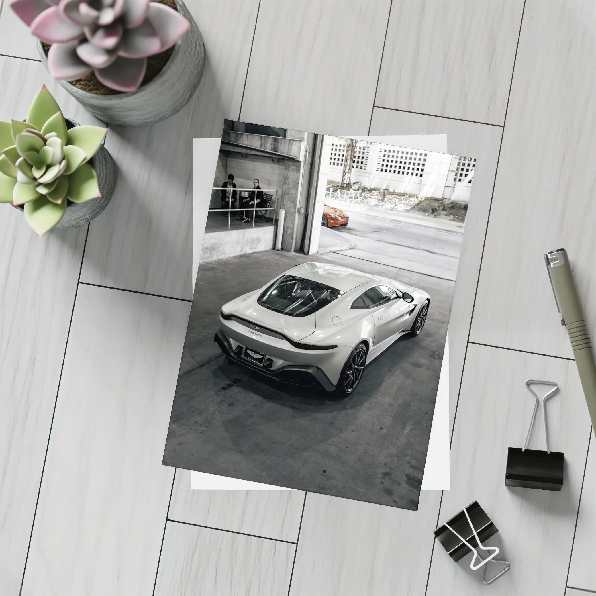 Aston Martin Vantage White Parked Urban Garage – Postcards