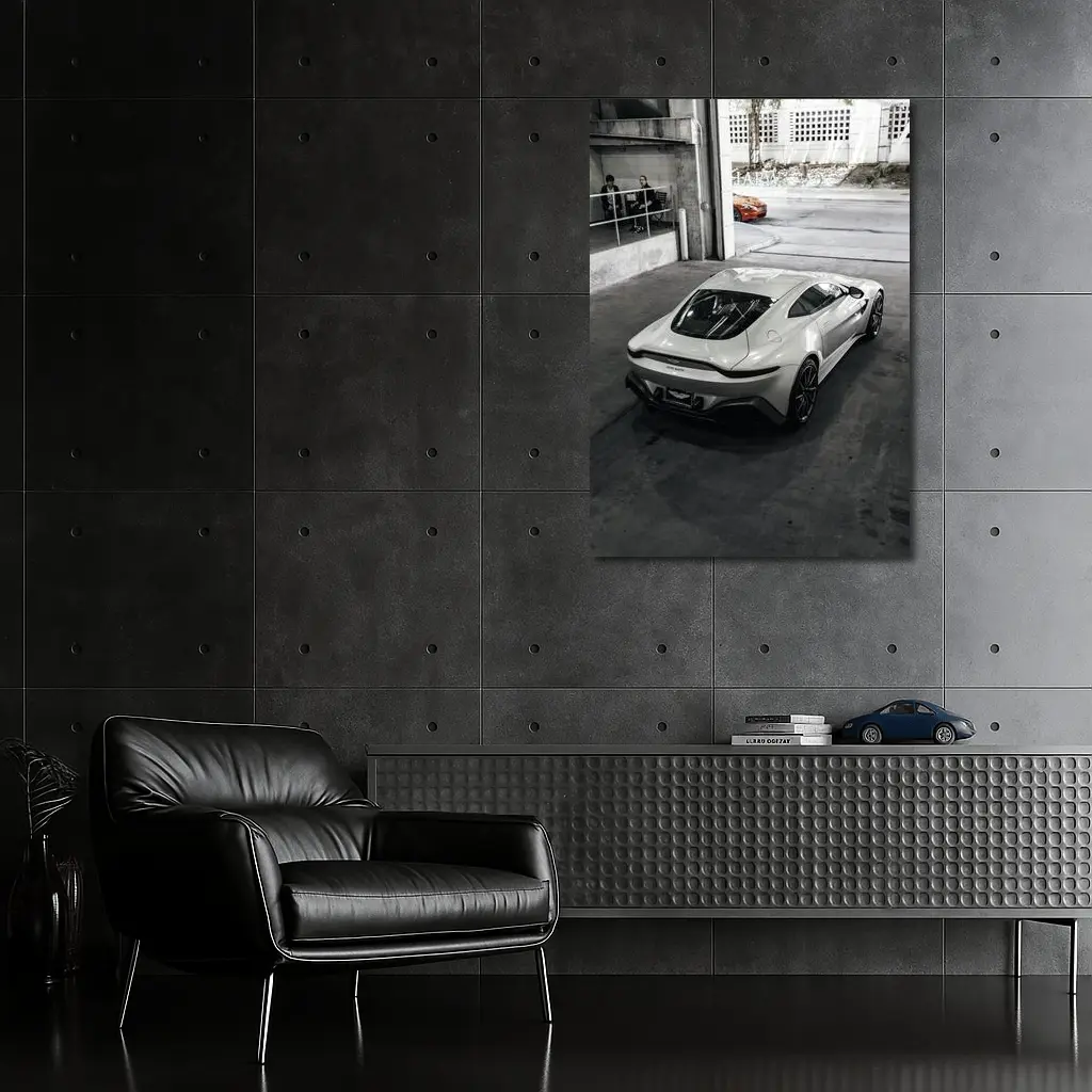 Aston Martin Vantage White Parked Urban Garage – Wall Art