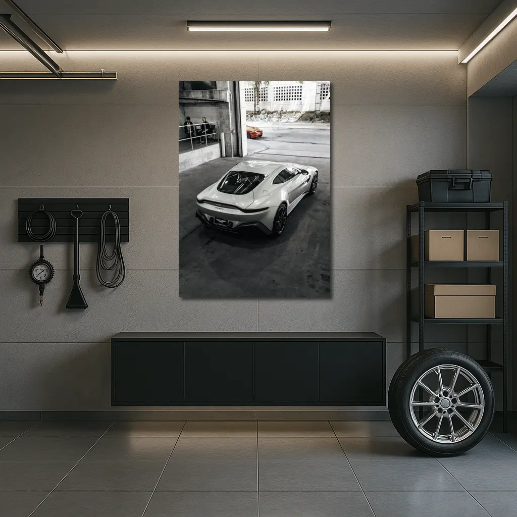 Aston Martin Vantage White Parked Urban Garage – Wall Art