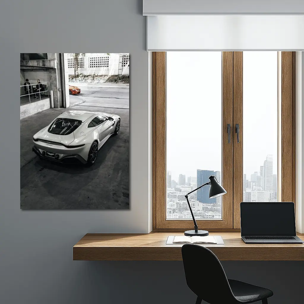 Aston Martin Vantage White Parked Urban Garage – Wall Art