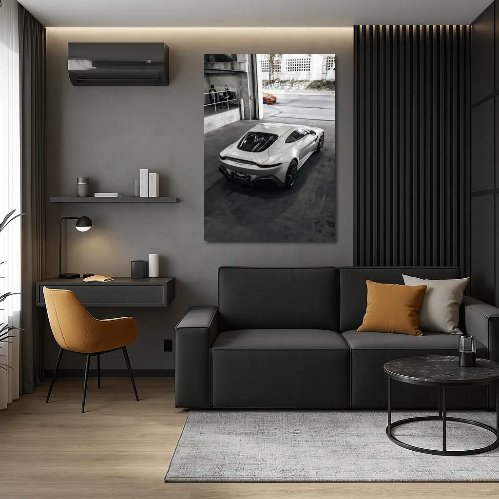 Aston Martin Vantage White Parked Urban Garage – Wall Art