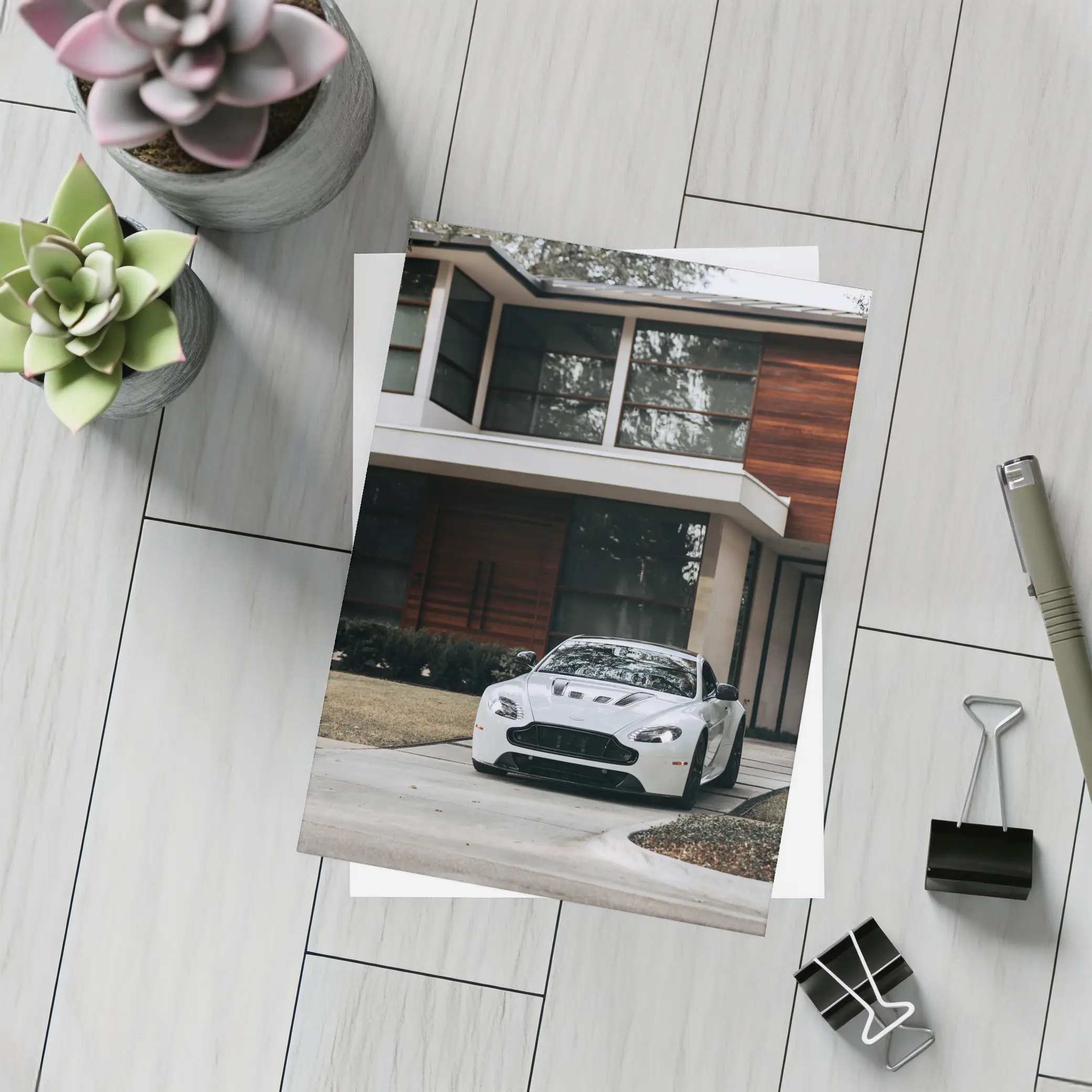 Aston Martin Vantage White Modern House Driveway – Postcards