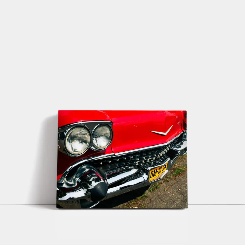 Red Cadillac Classic Car Chrome Grille Detail – Wall Art