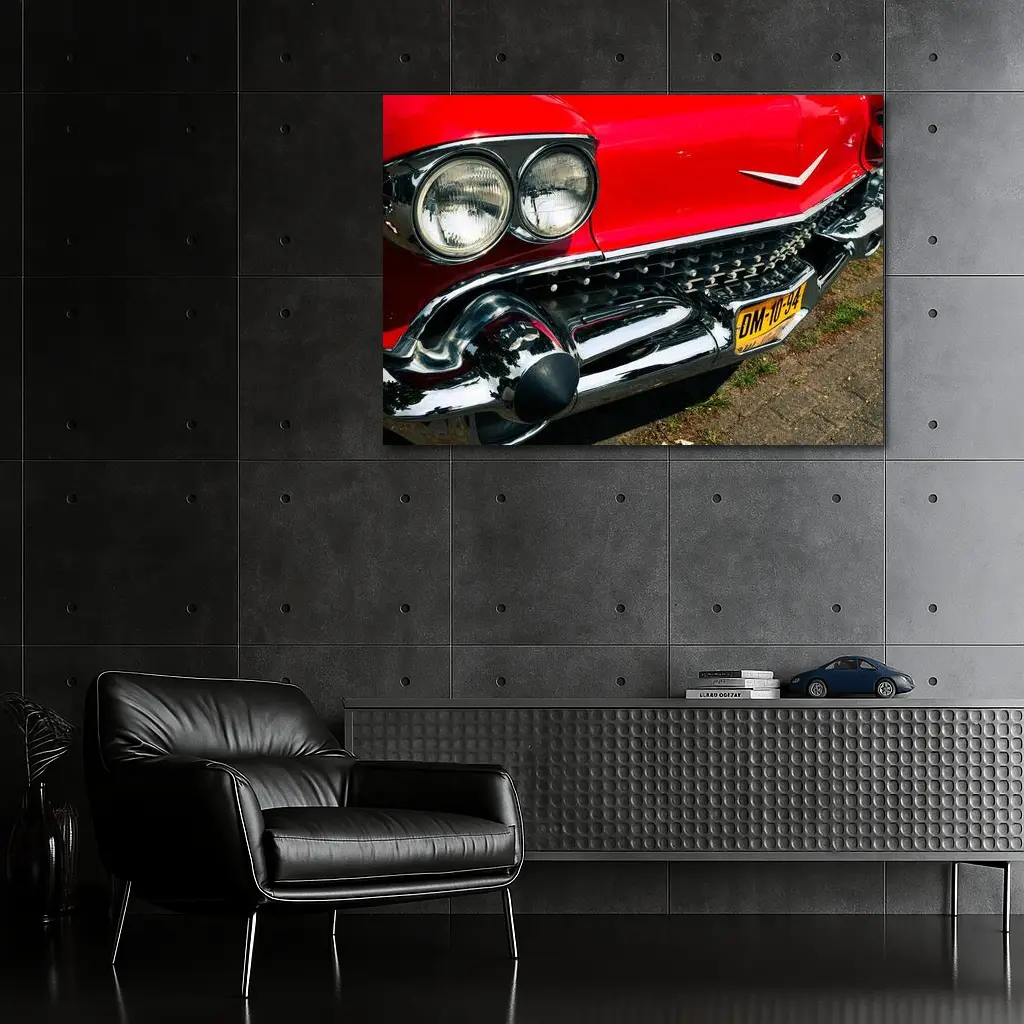 Red Cadillac Classic Car Chrome Grille Detail – Wall Art