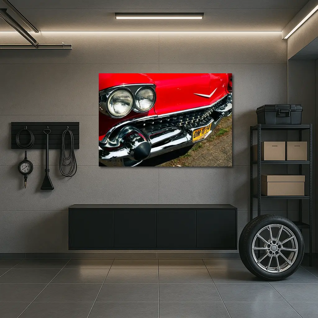Red Cadillac Classic Car Chrome Grille Detail – Wall Art
