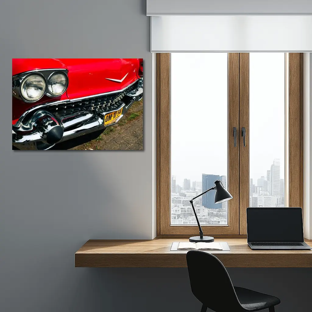 Red Cadillac Classic Car Chrome Grille Detail – Wall Art