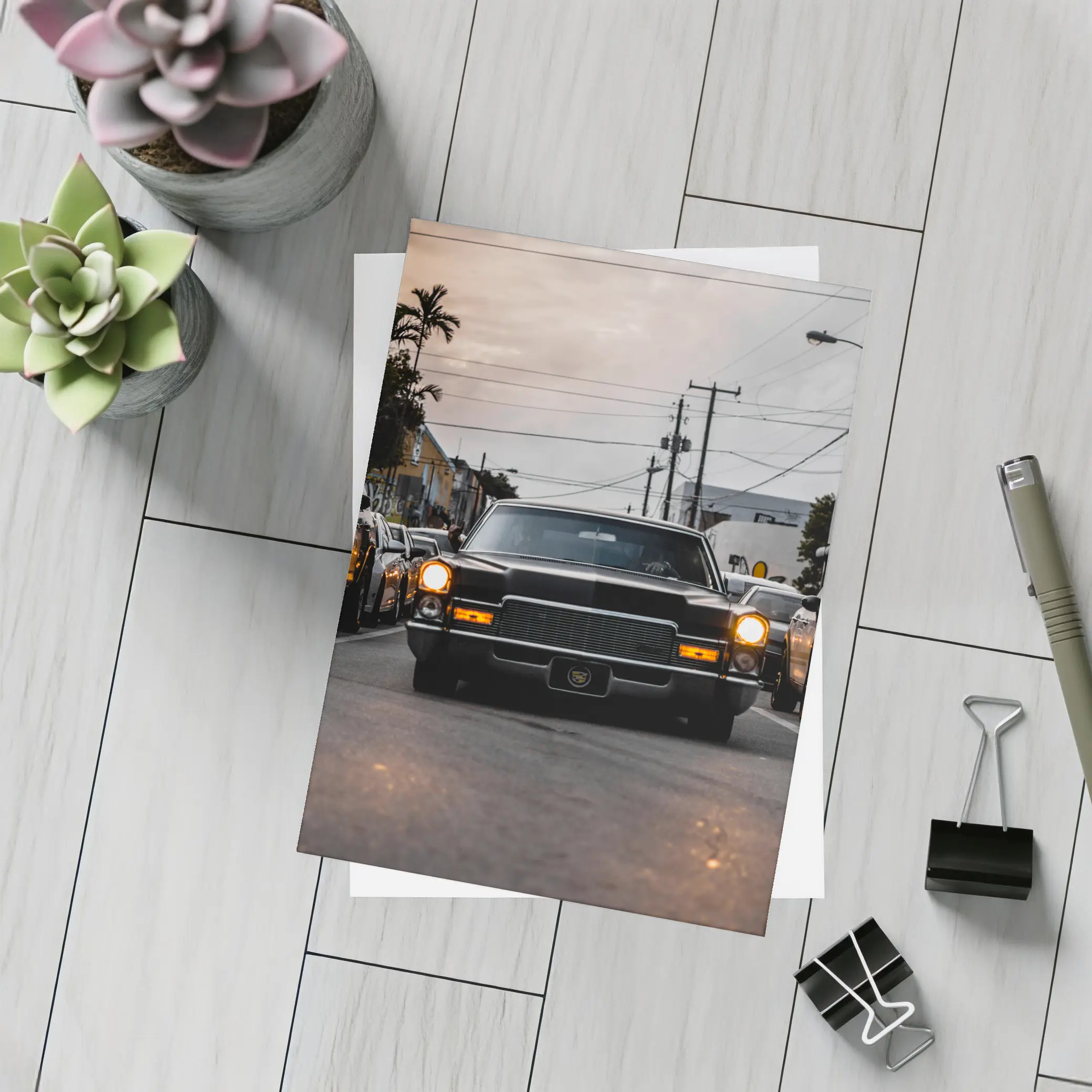 Classic Cadillac DeVille Urban Street Sunset – Postcards