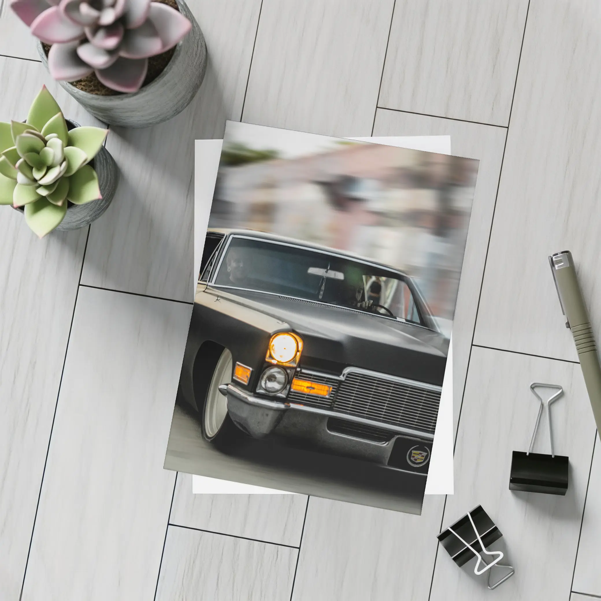 Black Cadillac Lowrider Cruising City Streets – Postcards
