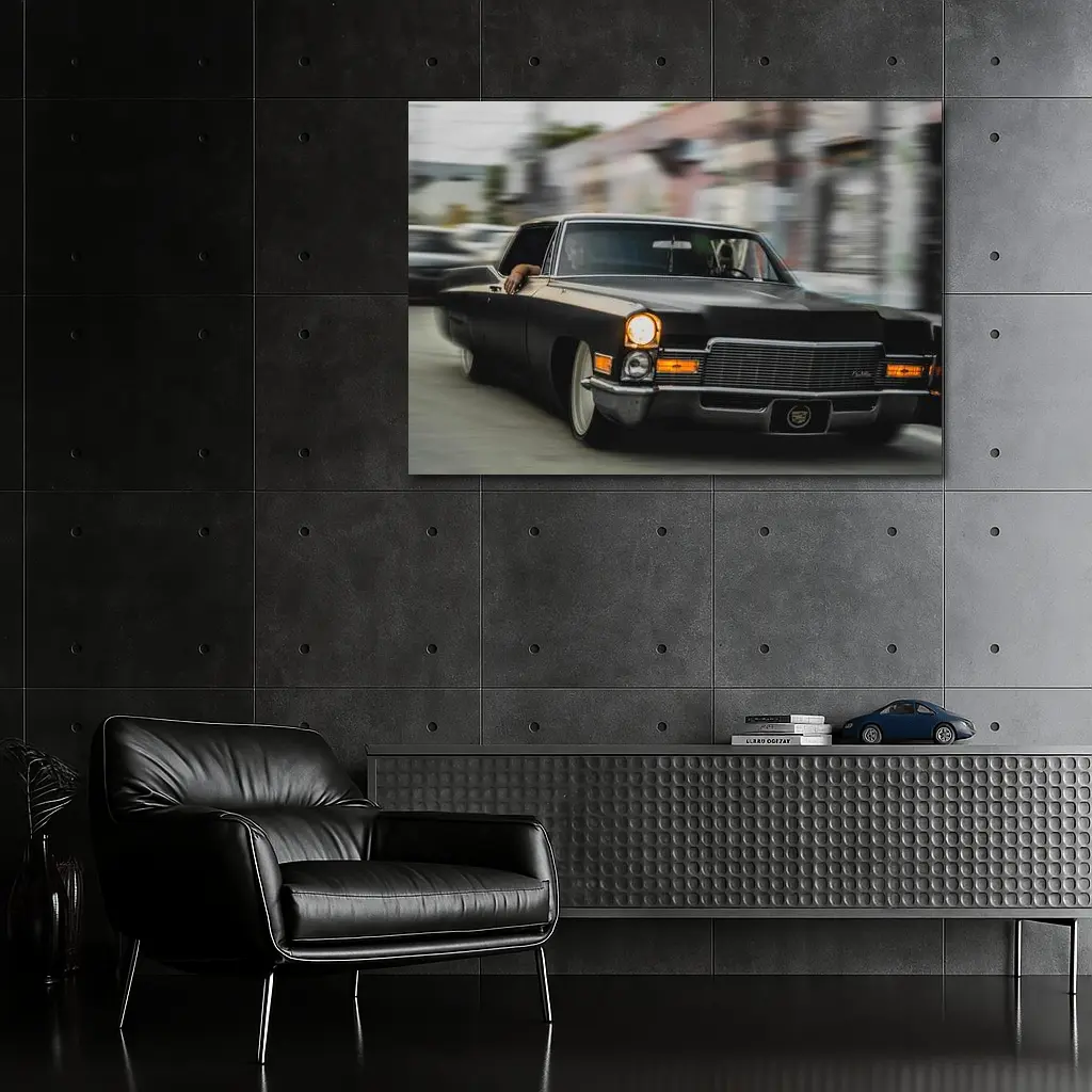 Black Cadillac Lowrider Cruising City Streets – Wall Art