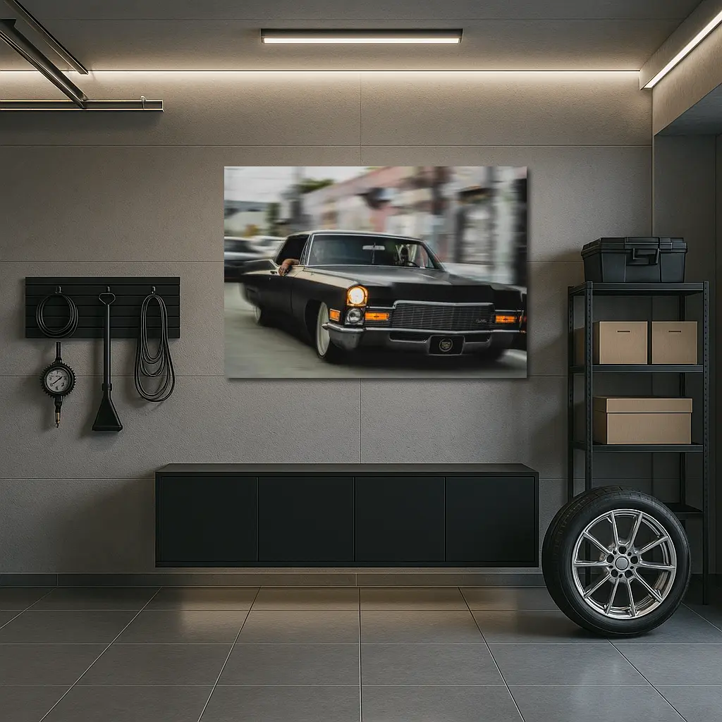 Black Cadillac Lowrider Cruising City Streets – Wall Art