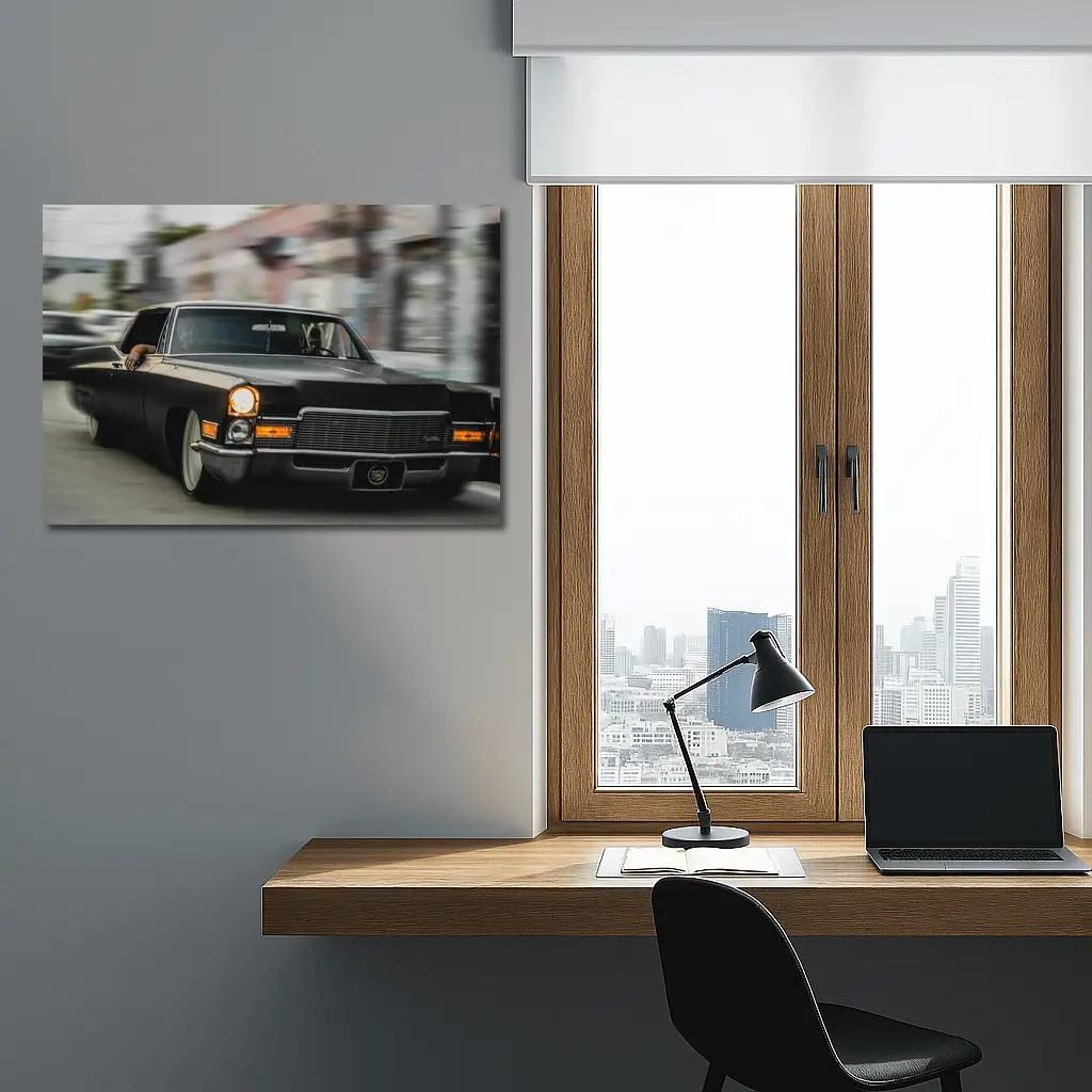 Black Cadillac Lowrider Cruising City Streets – Wall Art