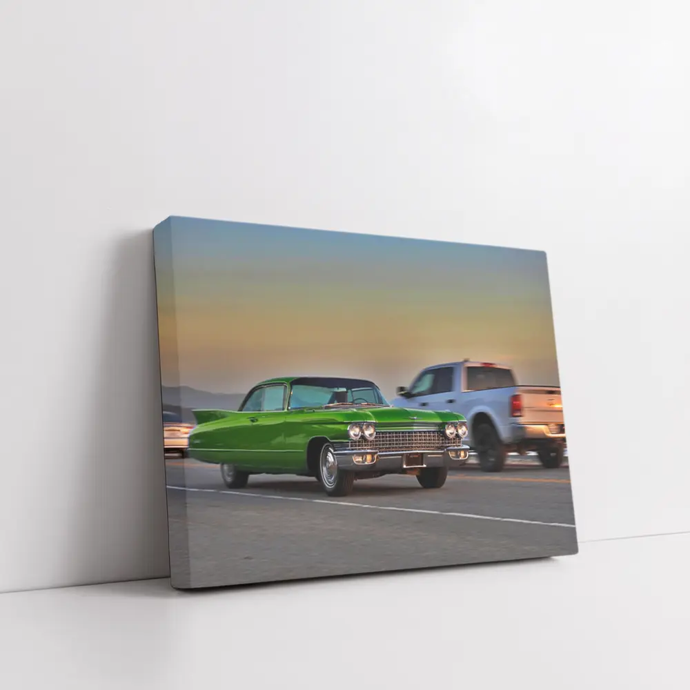 Green Cadillac Coupe DeVille 1962 Classic Highway Sunset – Wall Art