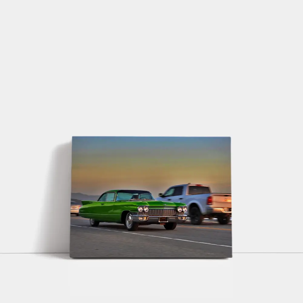 Green Cadillac Coupe DeVille 1962 Classic Highway Sunset – Wall Art