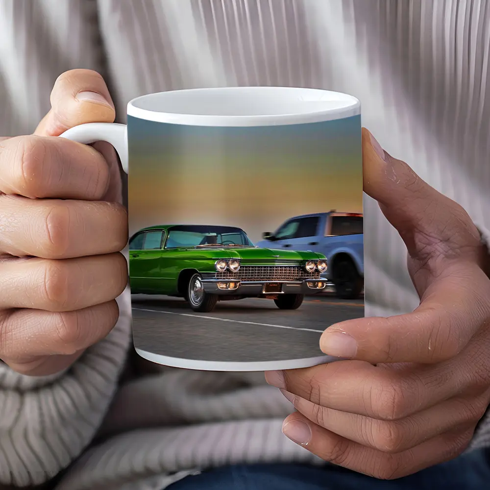 Green Cadillac Classic Car Highway Sunset Drive – Mugs