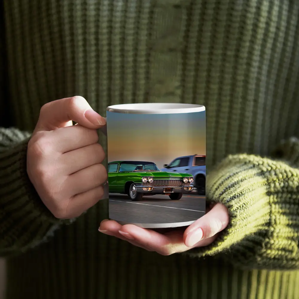 Green Cadillac Classic Car Highway Sunset Drive – Mugs