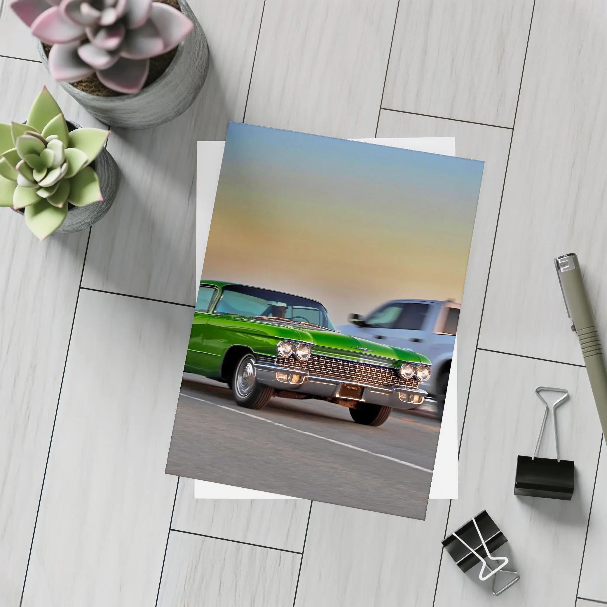 Green Cadillac Classic Car Highway Sunset Drive – Postcards