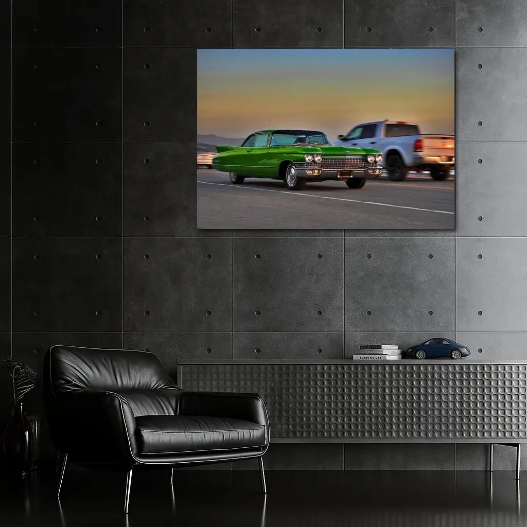 Green Cadillac Coupe DeVille 1962 Classic Highway Sunset – Wall Art
