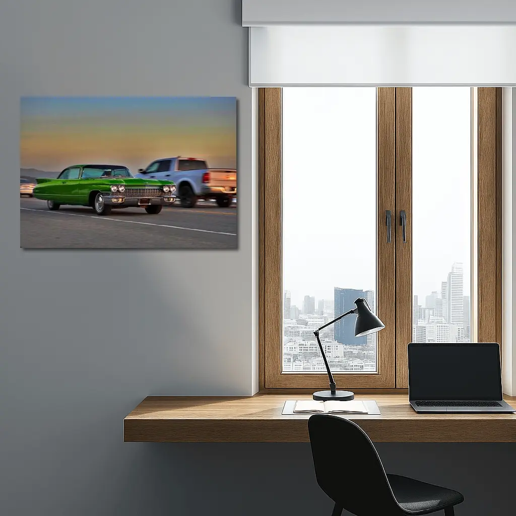 Green Cadillac Coupe DeVille 1962 Classic Highway Sunset – Wall Art