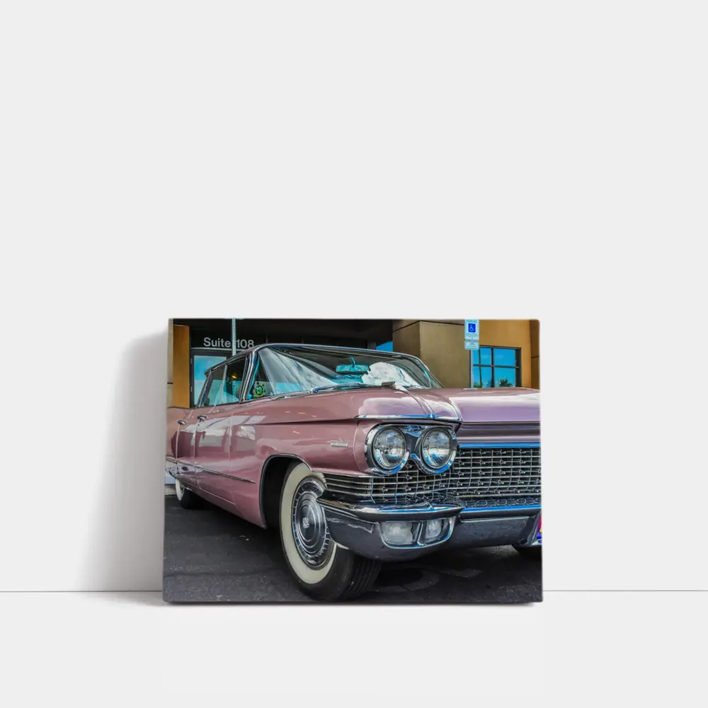 Classic Pink Cadillac Parked Outside Building – Wall Art