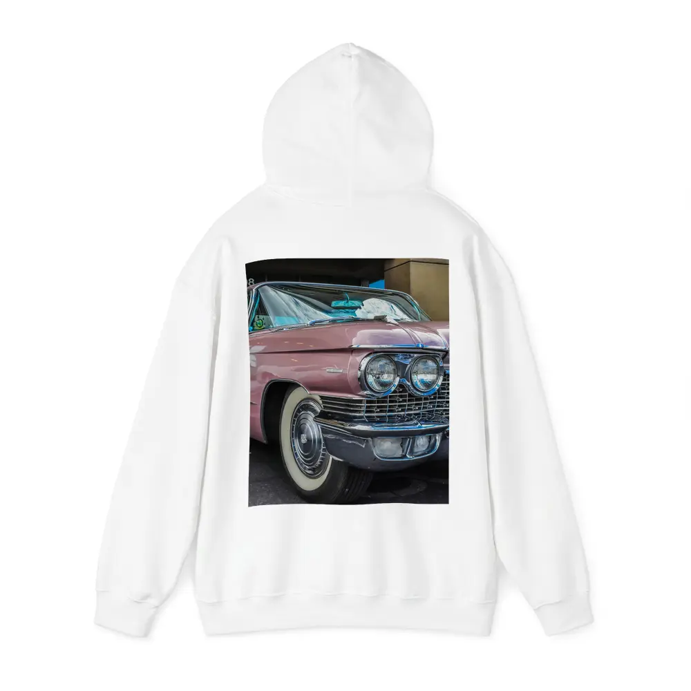 Classic Pink Cadillac Parked Outside Building – Hoodies