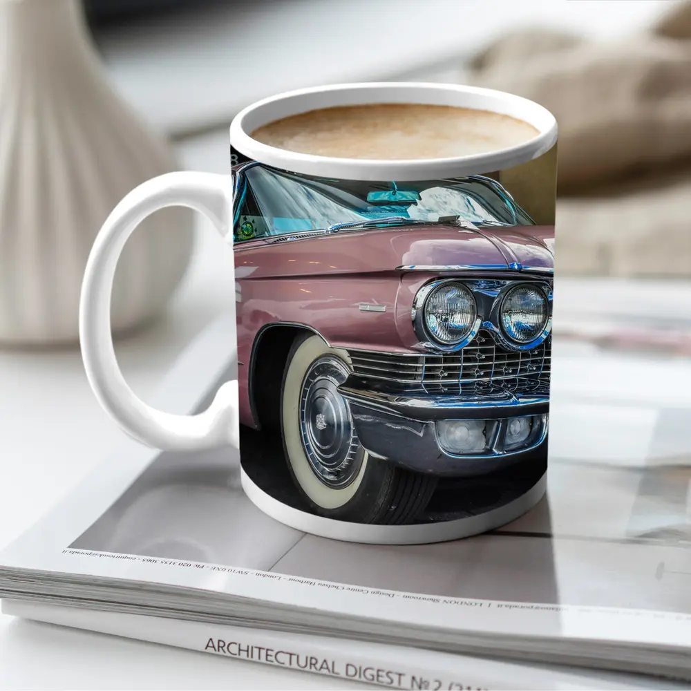 Classic Pink Cadillac Parked Outside Building – Mugs
