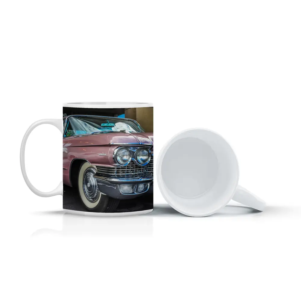 Classic Pink Cadillac Parked Outside Building – Mugs