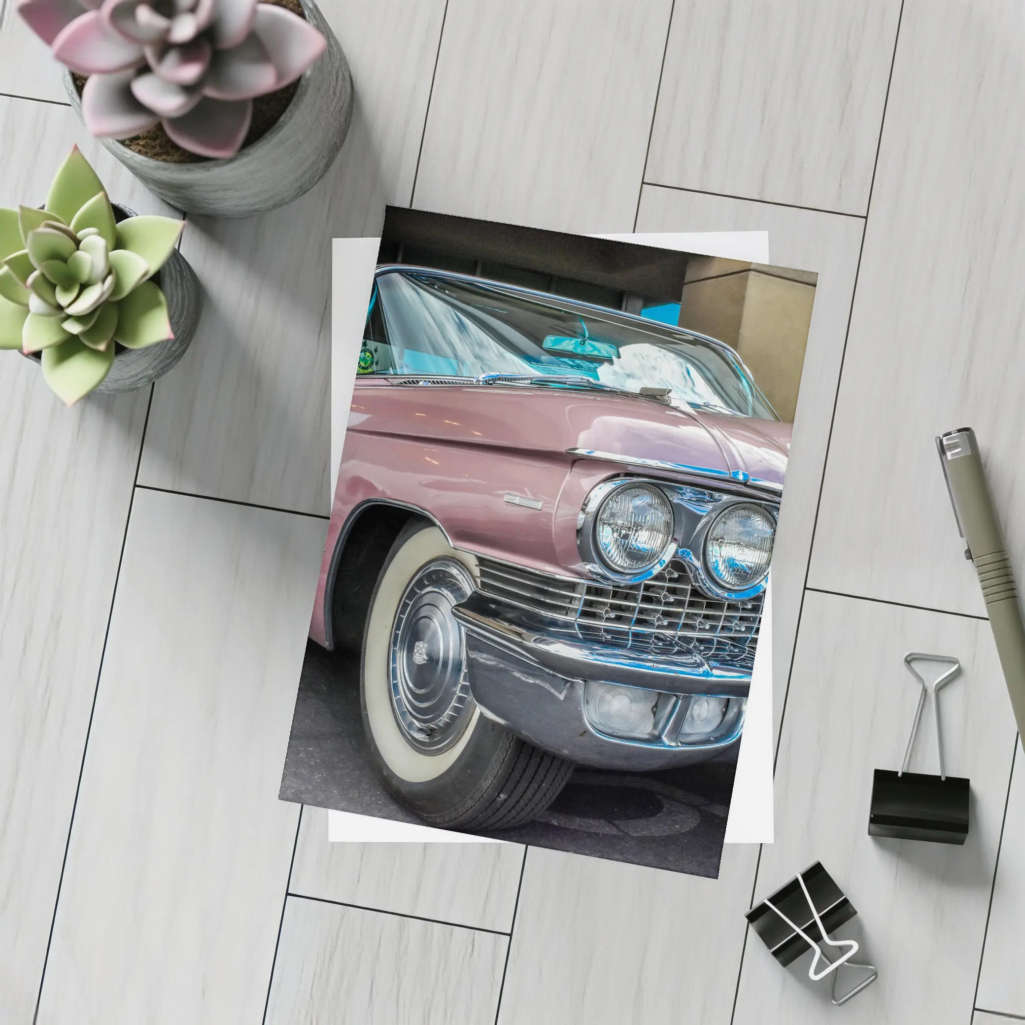 Classic Pink Cadillac Parked Outside Building – Postcards