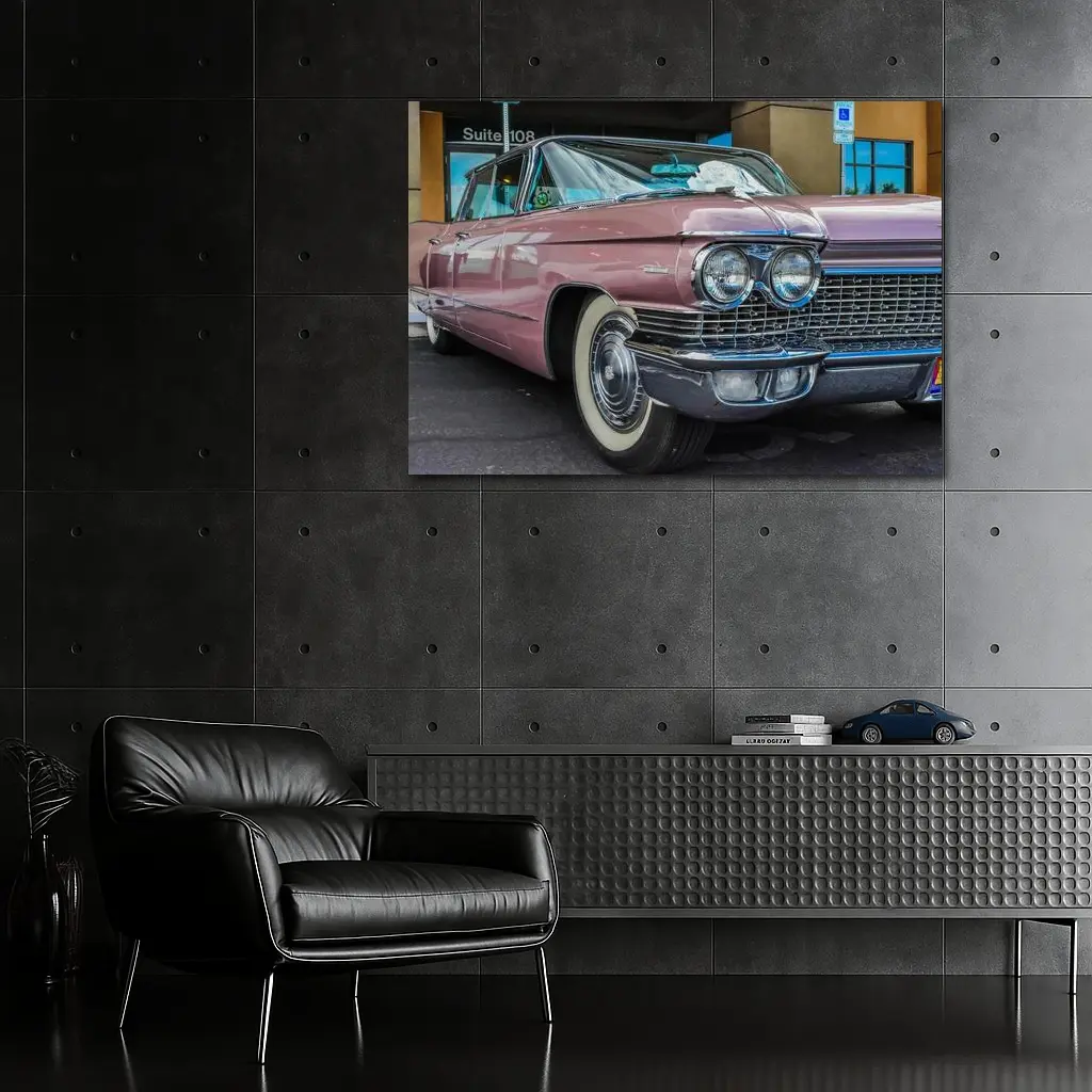 Classic Pink Cadillac Parked Outside Building – Wall Art