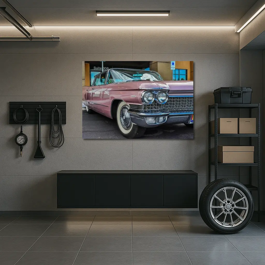 Classic Pink Cadillac Parked Outside Building – Wall Art