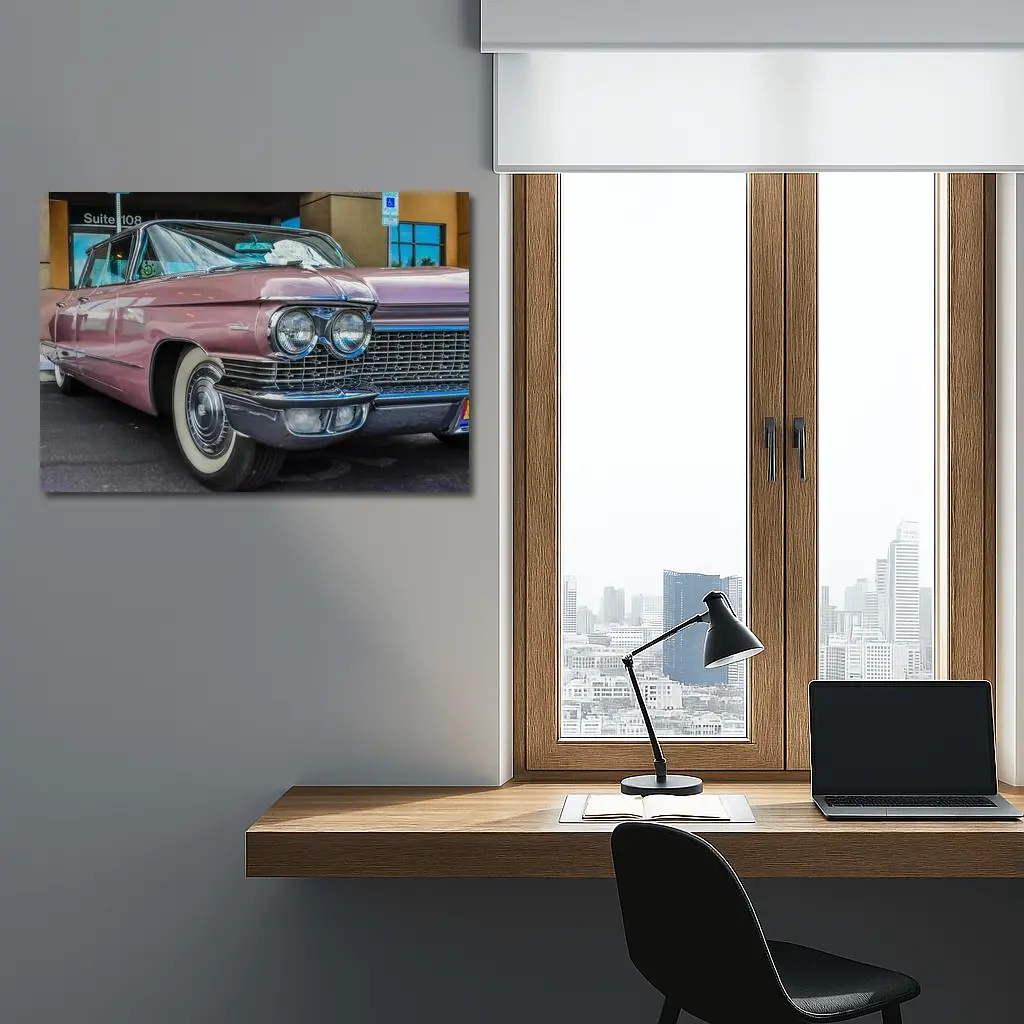Classic Pink Cadillac Parked Outside Building – Wall Art