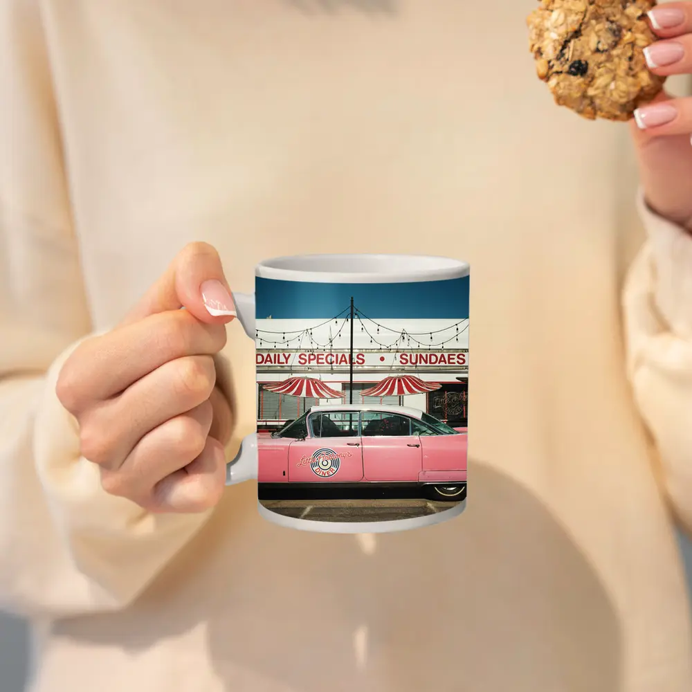 Pink Cadillac Classic American Diner Scene – Mugs