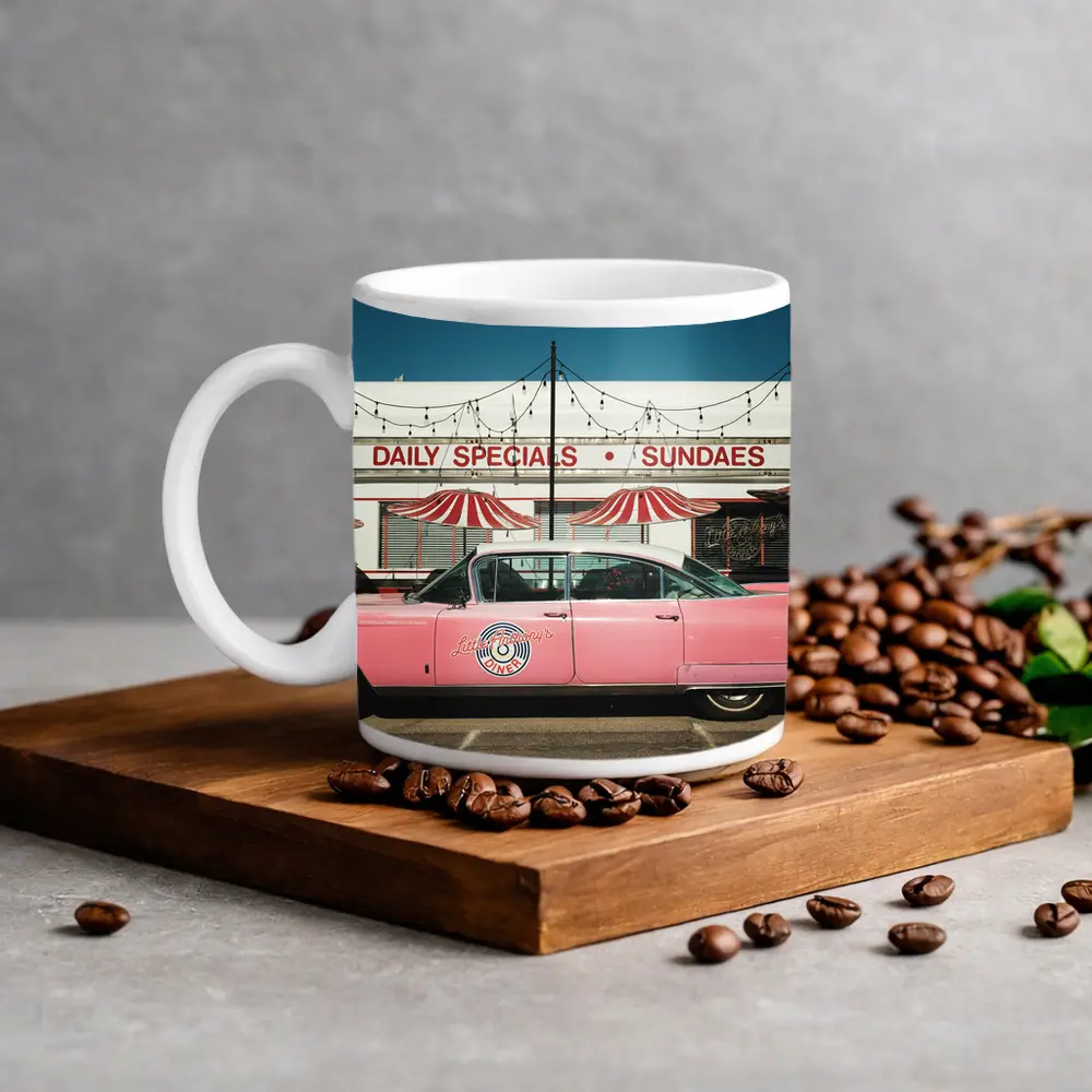 Pink Cadillac Classic American Diner Scene – Mugs