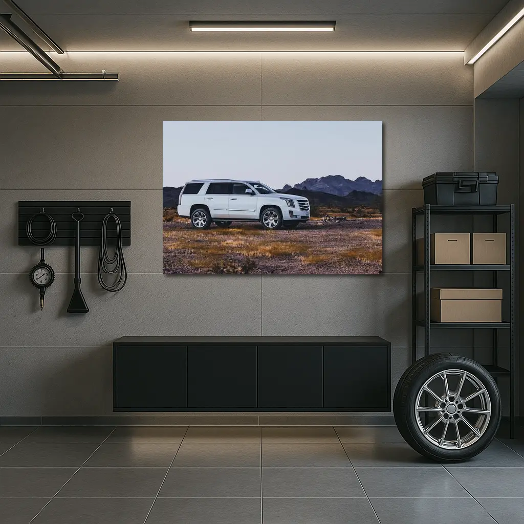 Cadillac Escalade White SUV Desert Mountains – Wall Art