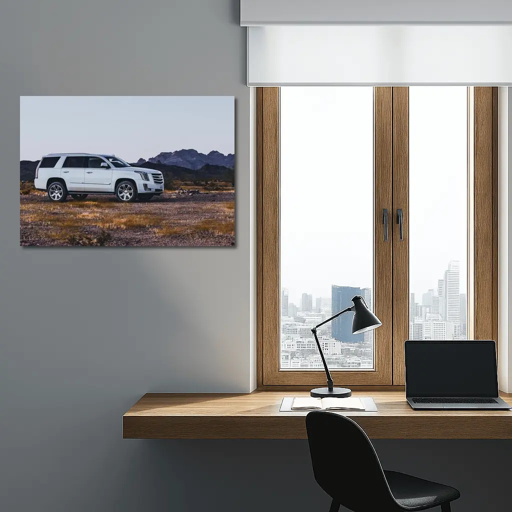 Cadillac Escalade White SUV Desert Mountains – Wall Art