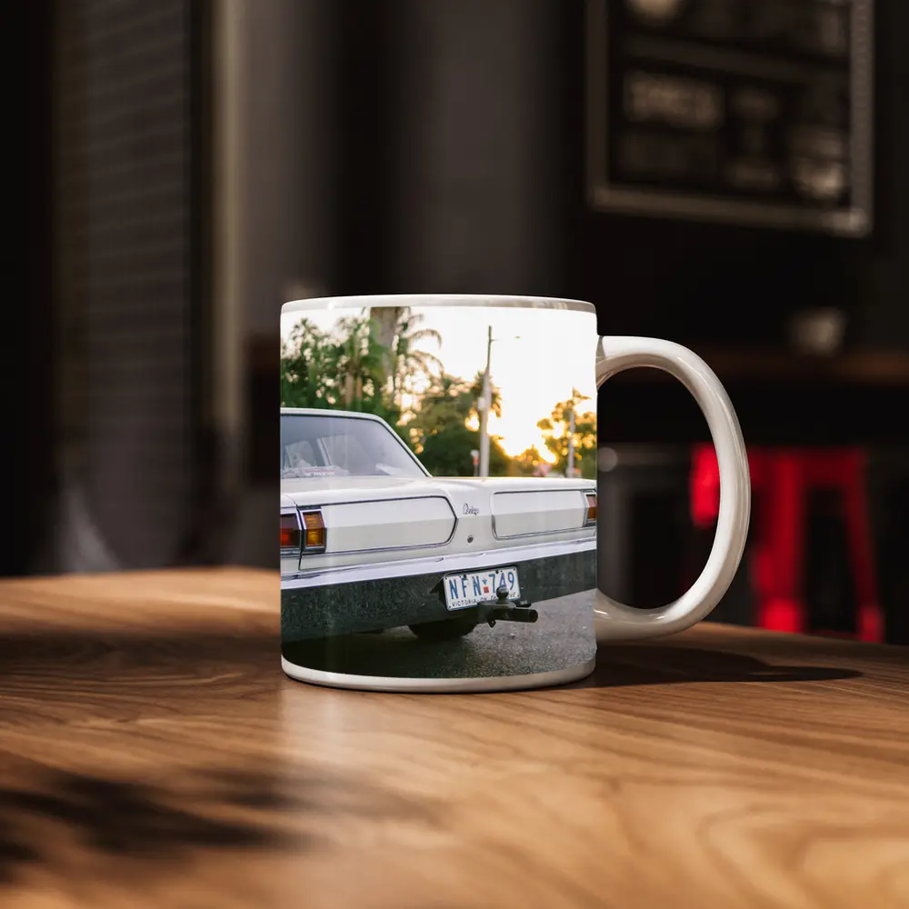 Classic Dodge Car Parked at Sunset Street – Mugs