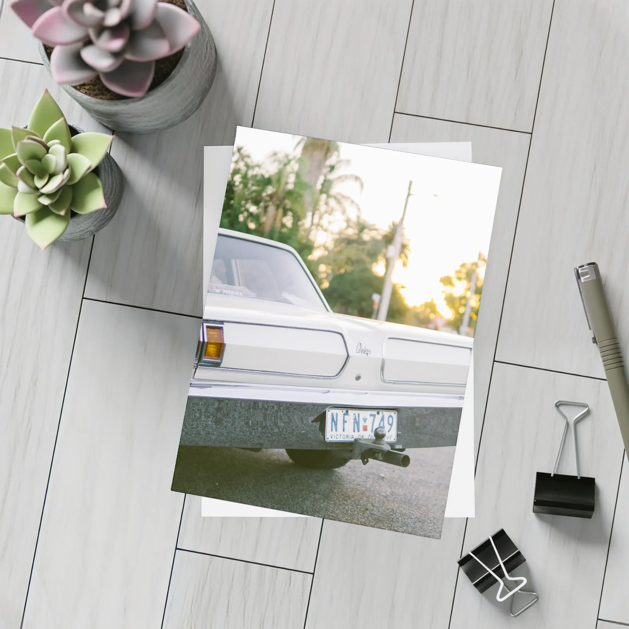 Classic Dodge Car Parked at Sunset Street – Postcards