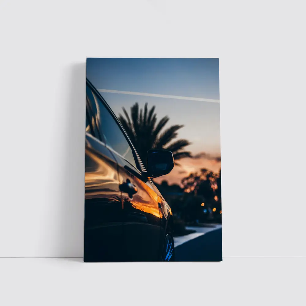 Black Car Side Mirror Sunset Palm Trees – Wall Art