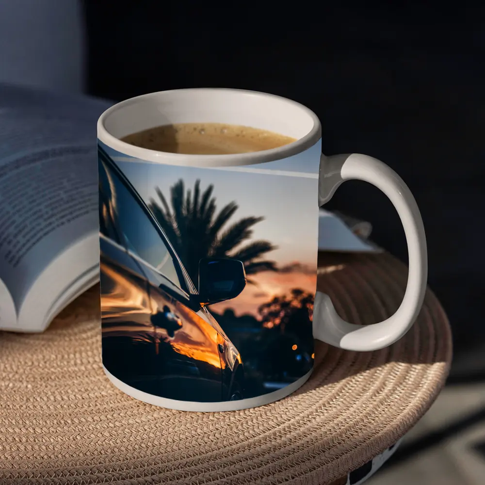 Black Car Side Mirror Sunset Palm Trees – Mugs