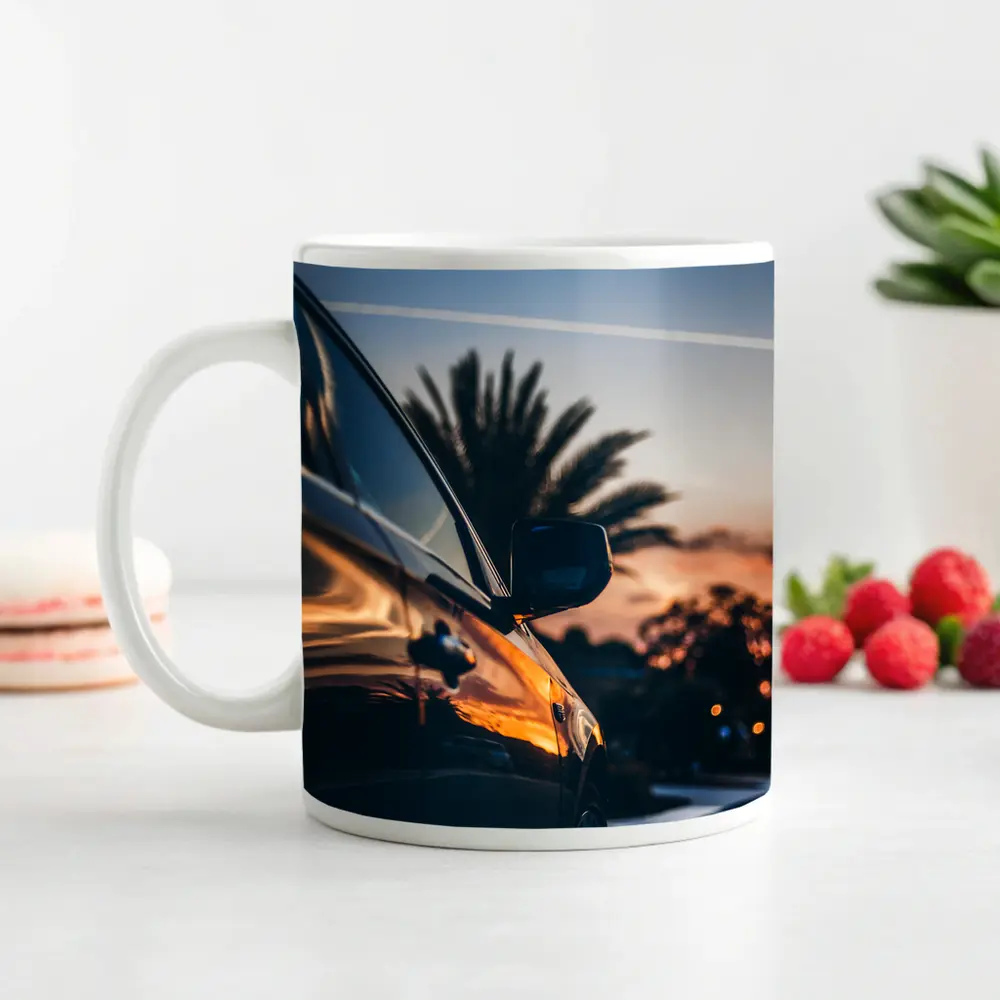Black Car Side Mirror Sunset Palm Trees – Mugs