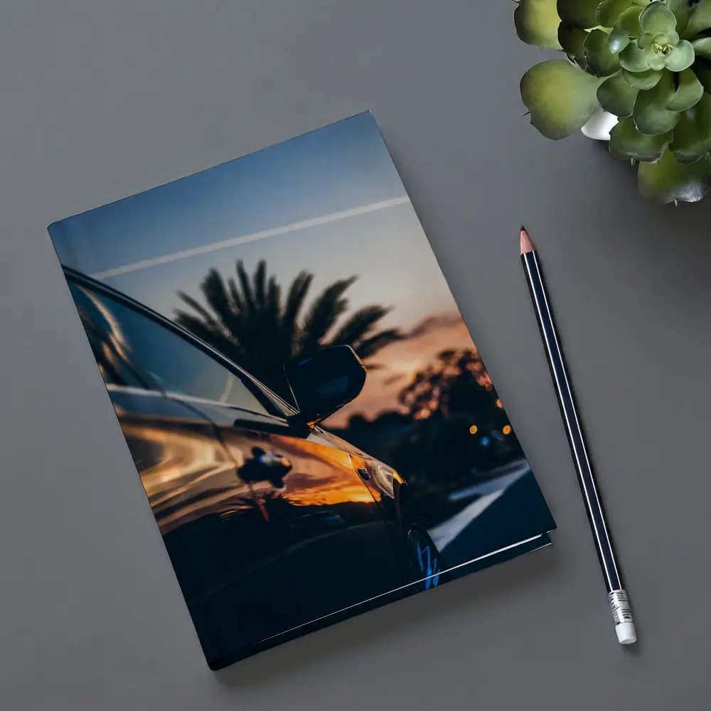 Black Car Side Mirror Sunset Palm Trees – Notebooks