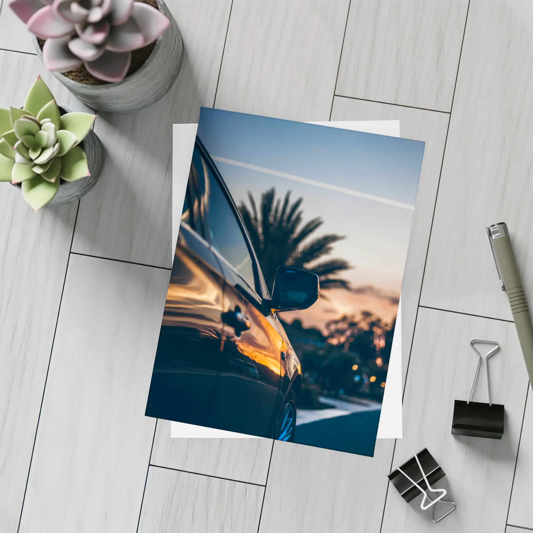 Black Car Side Mirror Sunset Palm Trees – Postcards