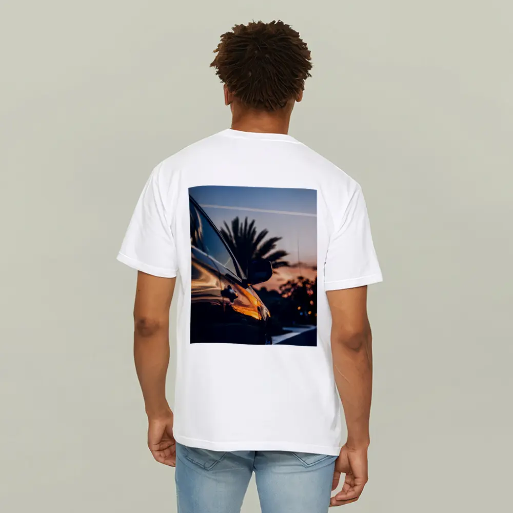 Black Car Side Mirror Sunset Palm Trees – T-Shirts